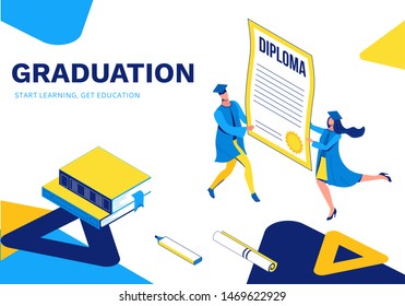 Graduation isometric illustration, 3d landing page with graduates holding diploma, cartoon character with certificate, success concept, highschool or college party, school boy and girl, blue, yellow