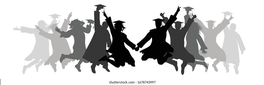 Graduation, jumping graduates in square academic caps, silhouettes. Vector illustration.