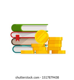Graduation knowledge cost or expensive education or scholarship loan vector, flat cartoon money with stack of books, idea of tuition budget or college, university learning fee, profit or earnings