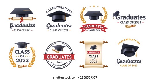 Graduation label. Class of 2023 congratulations graduates typography design, graduation ceremony badges vector template set of 2023 label, education college illustration