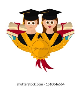 Graduation label with couple graduate and graduation certificates - Vector