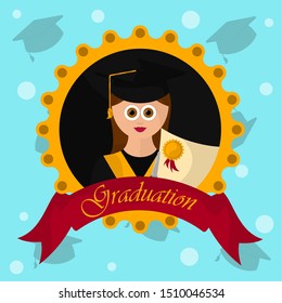 Graduation label with a young woman graduate over a colored background - Vector