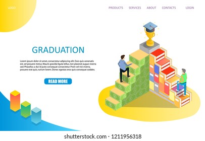 Graduation landing page website template. Vector isometric illustration of two men going upstairs to trophy and graduation cap on the top. Corporate education training concept.