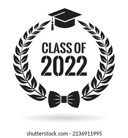 Graduation laurel wreath emblem, class of 2022 year vector symbol on white background