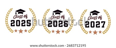 Graduation Laurel Wreath Logo Set - Class of 2025, 2026, 2027 with Cap and Stars Design