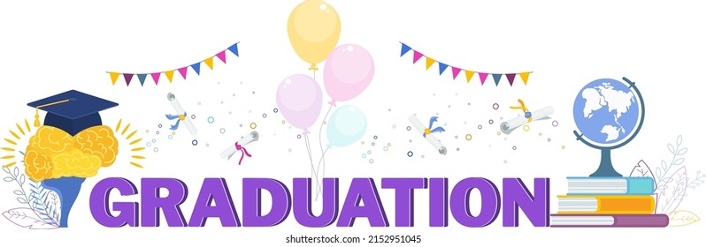 Graduation lettering. Graduation text. Festive inscription. Word made up of capital letters. Flat vector illustration.
