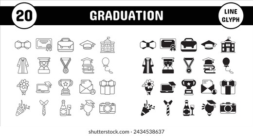 Línea de graduación Glifo Ilustración vectorial Etiqueta engomada Conjunto de diseño Materiales