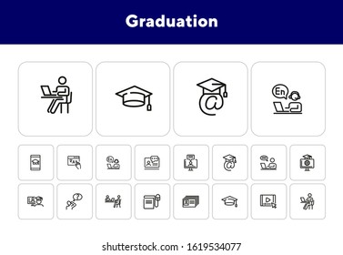 Graduation line icon set. Student, hat, computer. Education concept. Can be used for topics like distance learning, studying, elearning