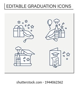 Graduation line icons set. Graduation party, gift, online party, card. Studying concept. Isolated vector illustrations.Editable stroke