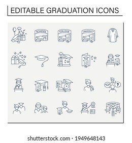 Graduation line icons set. Personal growth, professional development. Graduation party, academic career and special uniform. Studying concept. Isolated vector illustrations.Editable stroke