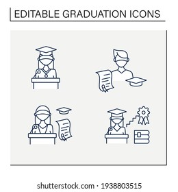 Graduation line icons set. Professional development. Academic career, undergraduate student, graduation speech, ceremony. Studying concept. Isolated vector illustrations.Editable stroke