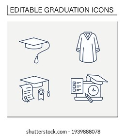 Graduation line icons set. Special uniform, cap, dress diploma, exam. Studying concept. Isolated vector illustrations.Editable stroke