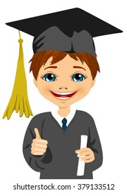 graduation little boy holding his diploma with pride
