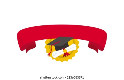 Graduation logo with bachelor cap and red ribbon for text. Emblem with gold medal and scroll. Hand-drawn emblem isolated on white background. Vector illustration