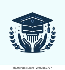 Graduation logo with laurel wreath, hands and Graduation cap elements. Isolated vector illustration.