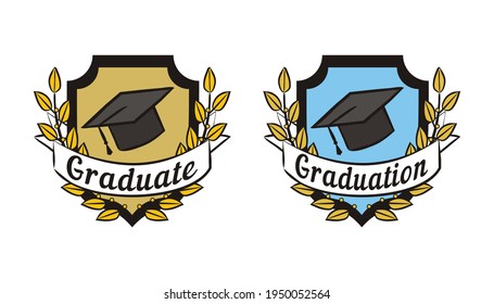 Graduation logo with shield, cap and laurel branches. Hand-drawn emblem isolated on white background. Gold and blue guard. Vector illustration