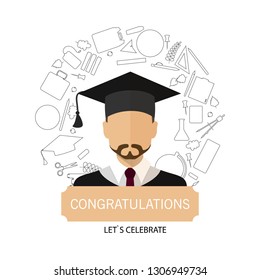 Graduation logo template design elements. Icon guy in school clothes surrounded by school subjects. Flat design. Stock vector.