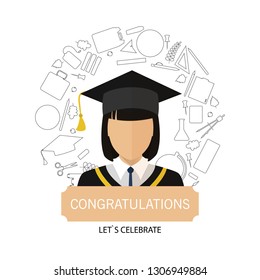 Graduation logo template design elements. Icon girl surrounded by school items. Flat design. Stock vector