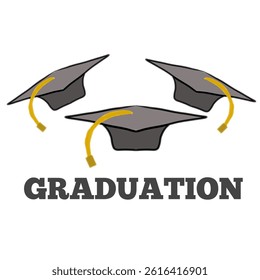 Graduation logo or vector with illustration of 3 graduation caps and writing
