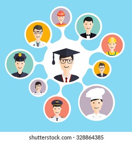 Graduation male student make career choices: businessman, doctor, artist, designer, cook, police, teacher, pilot, admin. Vector illustration.