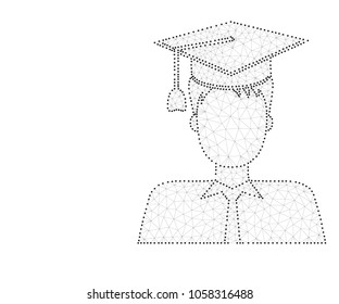 Graduation man avatar in polygon style from lines, triangles, point(dots) connecting network on white background. Student icon with graduate cap. Education wireframe concept. Polygonal low poly design