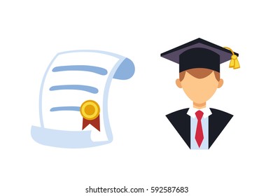 Graduation man silhouette uniform avatar vector illustration. Student education college success character with diploma gown flat achievement. Certificate knowledge person.