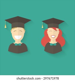 Graduation man and woman education students. Class school university success career pictogram. Graduates guy and girl in graduation hats vector icon
