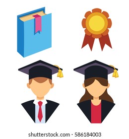 Graduation man and woman silhouette uniform avatar vector illustration. Student education college success character with hat gown flat achievement. Knowledge graduation school person avatars