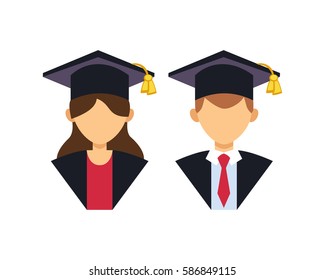 Graduation man and woman silhouette uniform avatar vector illustration. Student education college success character with hat gown flat achievement. Knowledge person.