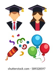 Graduation man and woman silhouette uniform avatar vector illustration. Student education college success character with hat gown flat achievement. Knowledge person.