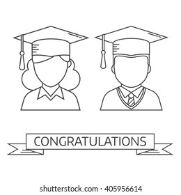 Graduation Man And Woman In Thin Line. Graduates Guy And Girl In Hats And Gown Vector Outline Icon. Students Male And Female Linear Design.