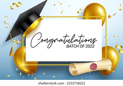 Graduation messages vector template design. Congratulations batch of 2022 text in white board space with 3d cap, diploma and balloons for college grad celebration greeting. Vector illustration.
