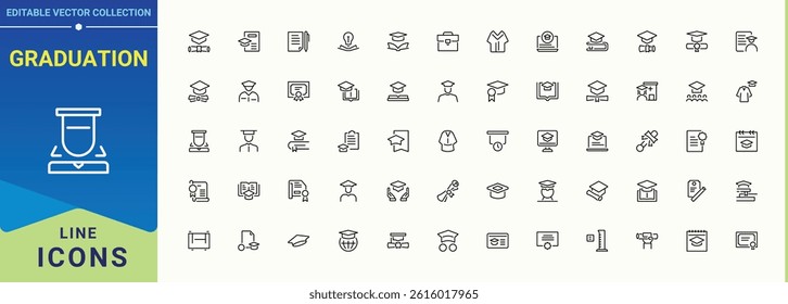 Graduation modern icon set. Icons for UI designs. Editable stroke. Vector illustration. Academic icon set. Contain linear symbols education, graduate, study, bachelor, university and more.
