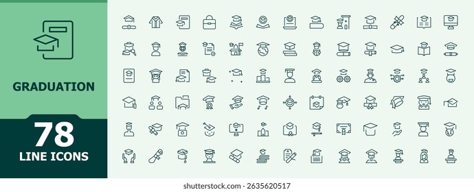 Graduation modern icon set. Minimalist icons collection. Editable stroke. Vector illustration. Knowledge icon set. Contains outline symbols like university, bachelor, college, academic and more.