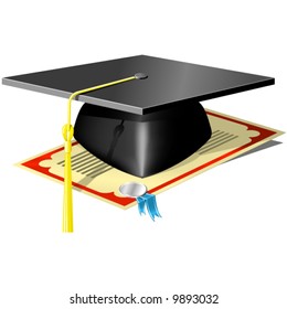 Graduation Mortar Board and diploma with seal and ribbon