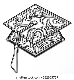 Graduation mortar board stylized with floral scrolls. Vector Eps10