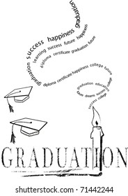 Graduation and mortar   candle and stylized words rising like smoke 