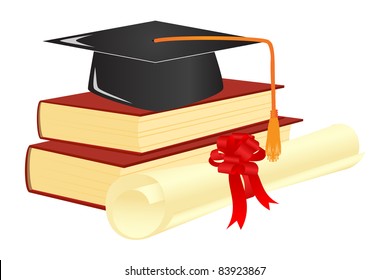 Graduation mortar on top of books. Vector illustration.