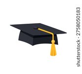 Graduation mortarboard cap in a low angle perspective. Black student hat with yellow tassel isolated on white.