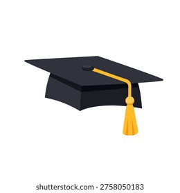 Graduation mortarboard cap in a low angle perspective. Black student hat with yellow tassel isolated on white.