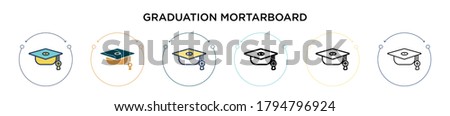 Graduation mortarboard icon in filled, thin line, outline and stroke style. Vector illustration of two colored and black graduation mortarboard vector icons designs can be used for mobile, ui, web