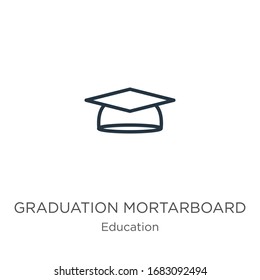 Graduation mortarboard icon. Thin linear graduation mortarboard outline icon isolated on white background from education collection. Line vector sign, symbol for web and mobile