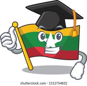 Graduation Myanmar waving flag hoisted on pole, cartoon character.