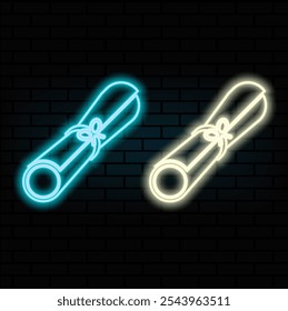 Graduation neon sign. Graduation cap and diploma. Night bright advertisement. Vector illustration in neon style for academic and education.