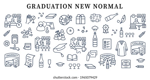 Graduation new normal banner. Personal growth, professional development.Template for landing, web page, layout.Party, academic career and special uniform website interface idea with icons