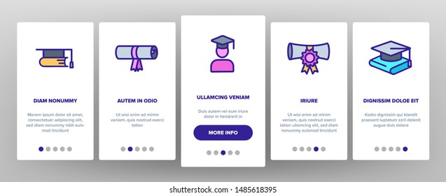 Graduation Onboarding Mobile App Page Screen Vector. Certificate And Diploma, School, College Or University Graduation Elements Linear Pictograms. Academic Details Contour Illustrations