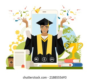 Graduation online. Happy young girl in prom dress and hat on phone screen. Remote virtual graduation celebration. Online education vector illustration.