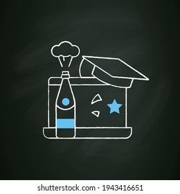 Graduation online party chalk icon. Online party through coronavirus. Contactless celebration. Graduate cap.Graduation concept.Isolated vector illustration on chalkboard