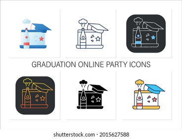 Graduation online party icons set. Online party through coronavirus. Contactless celebration. Graduate cap.Collection of icons in linear, filled, color styles.Isolated vector illustrations 