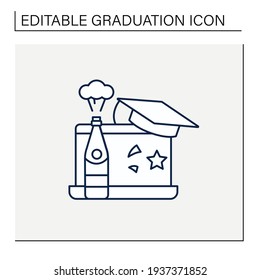 Graduation online party line icon. Online party through coronavirus. Contactless celebration. Graduate cap.Graduation concept.Isolated vector illustration.Editable stroke